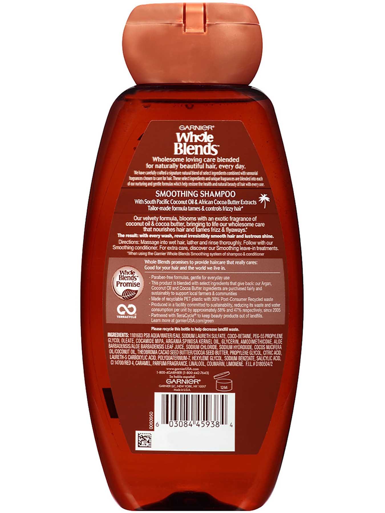 Garnier Whole Blends Smoothing Shampoo Coconut Oil Cocoa Butter Extracts Back Of Bottle